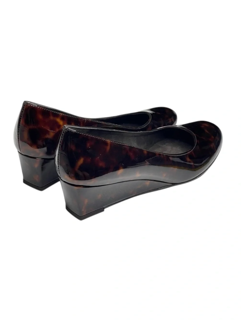 new Stuart Weitzman ᪥ Nusimple Patent Demi Wedge Heel Loafer ᪥ Cognac Tortoise 7